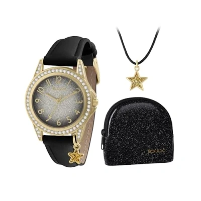 Image of Tikkers Girl&#039;s Black Star Analogue Quartz Watch, Necklace and Glitter Purse Gift Set
