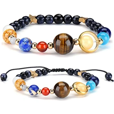 Image of Senlinmu 2 X Galaxy Solar System Bracelet Universe Nine Planets Star Natural Stone Beads Bracelets Bangles Adjustable