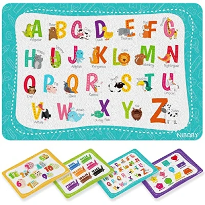 Image of NiBaby Kids&#039; Non Slip Educational Placemats Set of 4 Washable, Children&#039;s Interactive Foldable, Toddler for Learning Alphabet, Numbers, Shapes, Colors Durable Reusable PU Leather