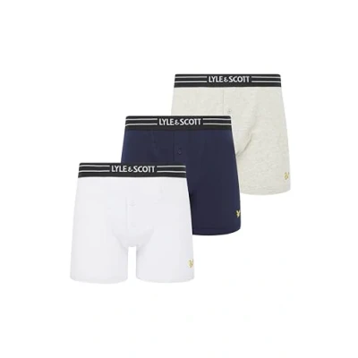 Image of Lyle &amp; Scott Men’s Lewis 3 Pack Cotton Trunk Boxer Shorts Comfortable Stretch Fabric with Branded Elasticated Waistband (UK, Alpha, M, Regular, Bright White/Light Grey Marl/Peacoat)