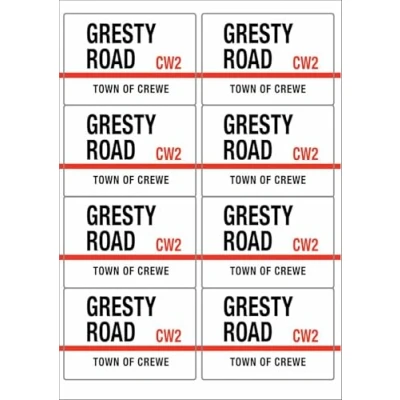 Image of Gresty Road CW2 Crewe Sign Rectangular Matt Paper Stickers A4 Sheet of 8 (Each Sticker is 99mm x 68mm)