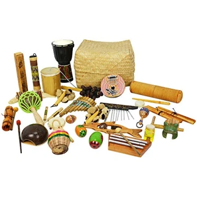 Image of A Star 30 Piece Multicultural Percussion Set in Basket, Hand Crafted Educational Musical Instruments for Children