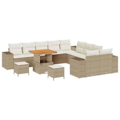 Image of vidaXL 13 Piece Garden Sofa Set with Cushions Beige Poly Rattan Acacia