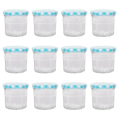 Image of Argon Tableware 12x 130ml Glass Jam Jars with Blue Gingham Lids Empty Screw Top Kitchen Food Honey Spice Preserving Canning Storage Jar Set