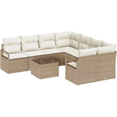 Image of vidaXL 9 Piece Garden Sofa Set with Cushions Beige Poly Rattan