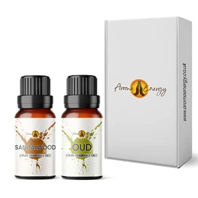 Image of Sandalwood &amp; Oud Fragrance Oil Set 2 x 10ml Diffuser for Home, Candle Making, soap, Wax Melts, Massage, Perfume, Aromatherapy Gift Box Vegan Made in UK