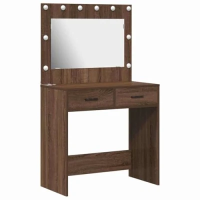 Image of vidaXL Brown Oak Dressing Table Engineered Wood Vanity/Desk With Drawers Bedroom Storage, Rectangular 135x78.5x41 cm Contemporary Solid Structure, Matte Finish