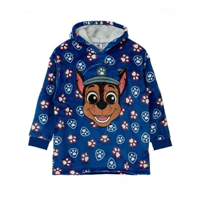 Image of Paw Patrol Boys Wearable Blanket Kids Chase the Police Dog All Over Print Fleece Hoodie Blue Cosy Heavyweight Snuggle Hooded Pullover Educational Cartoon TV Series Loungewear Gift for Children