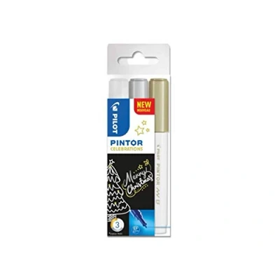 Image of PILOT Pintor, Celebrations Mix, Set of 3 Creative Multi Surface Water Based Permanent Markers Quick Dry Fabrics, Glass, Wood, Stone, DIY/Amateur Artists Extra Fine Tip White, Gold, Silver