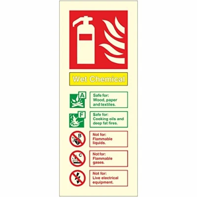 Image of UK Safety Store Glow In The Dark Wet Chemical Fire Extinguisher ID Sign 80mm x 200mm Rigid Plastic