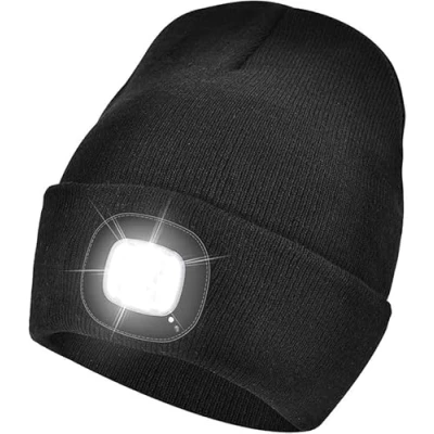 Image of Tomsey Thermal Winter Hat Thinsulate LED Beanie Bobble Hat, Hi Vis, Rechargable or Battery Running Chunky Fleece, Unisex Warm Christmas (Black Hat)
