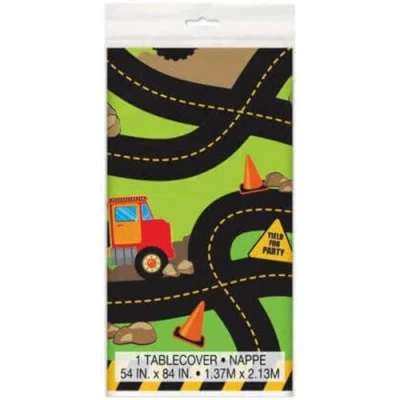 Image of Multicolor Construction Party Rectangular Plastic Table Cover (137cm x 213cm) 1 Piece Vibrant Design for Kids &amp; Theme Parties