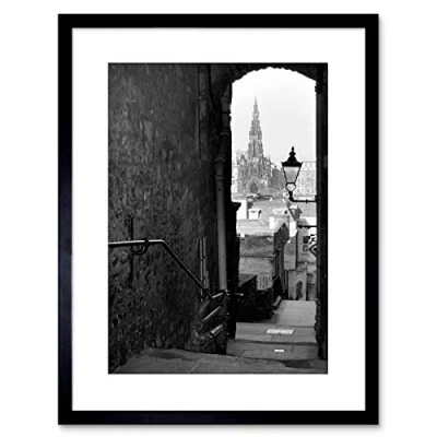 Image of Wee Blue Coo PHOTO CITYSCAPE EDINBURGH ROYAL MILE LANE BLACK WHITE FRAMED PRINT F97X5486