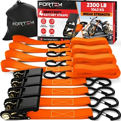 Image of FORTEM Ratchet Tie Down Straps, 4X 4.6m Securing Soft Loops 1043kg Break Strength, Rubber Coated Metal Handles, Plastic Hooks, Carrying Case (Orange)