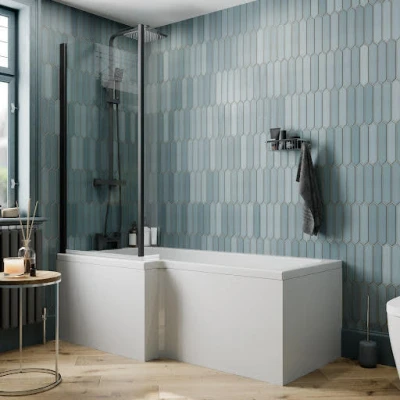 Image of Ceramica L Shaped 1700x855mm Shower Bath, Black Screen &amp; Bath Panel LH