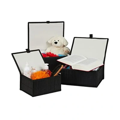 Image of Relaxdays Set of 3 Baskets, Boxes with Lid, Bamboo Container, Decorative Storage, Black, 5.5/9 / 11 L