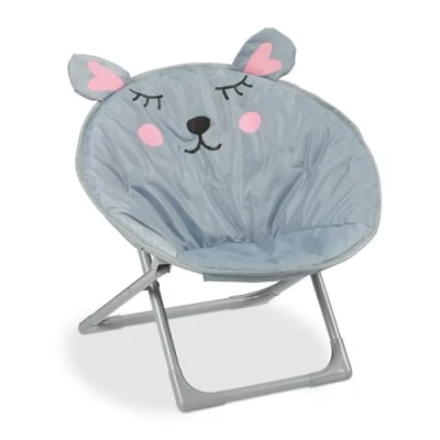 Image of Relaxdays Moon Chair Kids Foldable Indoor &amp; Outdoor Camping Seat for Boys and Girls, Mouse, Grey HxWxD 48 x 51 cm, polyester, iron, Pack of 1