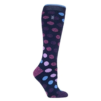 Image of HEAT HOLDERS Lite Ladies Thin Extra Long Knee High 1.6 TOG Patterned Winter Warm Thermal Socks (4 8 UK, Navy Spot)