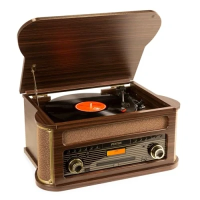 Image of Fenton Memphis Vintage Record Player Retro Vinyl &amp; Cassette with CD, DAB Radio Dark Wood Classic Turntable for Music Lovers Player,
