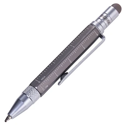 Image of TROIKA Construction Liliput PIP25/TI Multitasking Ballpoint Pen (Small) Tool Centimetre/Inch Ruler Slotted/Phillips Screwdriver Stylus (Titanium coloured) Original