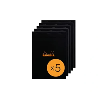 Image of RHODIA 182009C Stapled Notepad N18 Black A4 Small Squares 80 Detachable Sheets 80G Clairefontaine Paper Coated Card Cover Pack of 5 pads