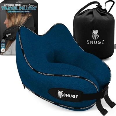 Image of SNUGL Travel Pillow Memory Foam Neck Cushion Flight Support for Airplane with Carry Bag &amp; Clip Flying Essentials (Navy Regular)