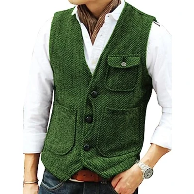 Image of Solovedress Mens Vintage Wool 3 Real Pockets Suit Vest V Neck Tweed Waistcoat for Wedding Groomsmen(Green,XL)