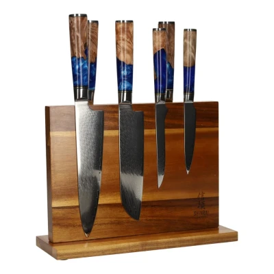 Image of Epoxy Sapphire 6 piece Damascus Japanese Knife Set + Acacia holder single sided