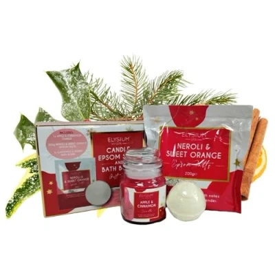 Image of 151 Elysium Spa Christmas Candle Bath Bomb &amp; Epsom Salts Gift Set Body Pamper Set, Red