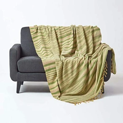 Image of HOMESCAPES Bed Sofa Throw Cotton Chenille Tie and Dye Green 220 x 240 cm or 87 94 inches