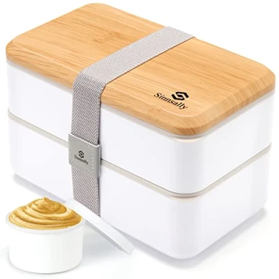 Image of Sinnsally 1400ML Bento Box Lunch Boxes, Stackable for Adults,Leak Proof Container with Compartments,Japanese Style Lunchbox Sauce Pot Cutlery Set (White)