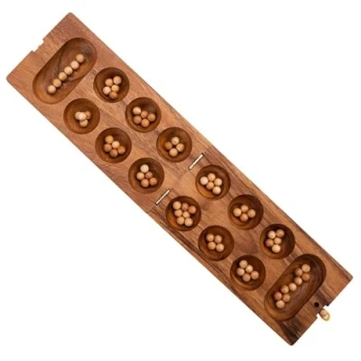 Image of Engelhart 350320 wooden Awale African game board 2 players eco 13.2 x 24.4 4.8 cm