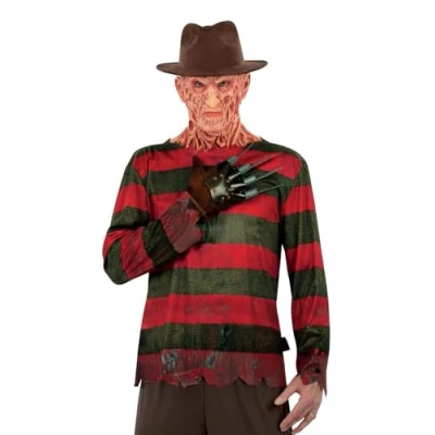 Image of Smiffys A Nightmare on Elm Street Freddy Krueger Costume Includes Printed Top, Glove &amp; Hat, Officially Licensed Adult Fancy Dress, Halloween Outfit