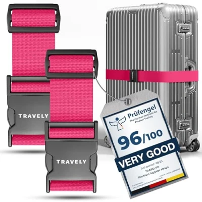 Image of Travely® Premium Luggage Strap Especially Eye catching and Safe Includes 2 Name Tags Ideal Over Cross [Set of 2] Pink