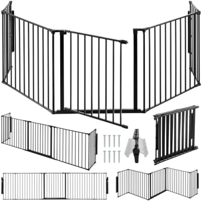 Image of tectake® 5 Panel Metal Safety Gate for Fireplace, Baby Fence, and Pet Barrier, Easy Installation, Adjustable Indoor Play Pen Children Pets black