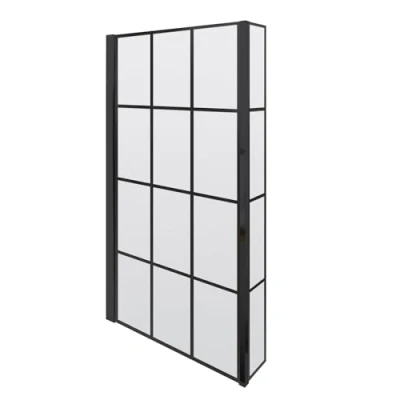 Image of BAYSTONE® 800mm Over Bath Shower Screen with Return Framed Black Square Grid 6mm Toughened Safety Clear Glass Panel Bathroom