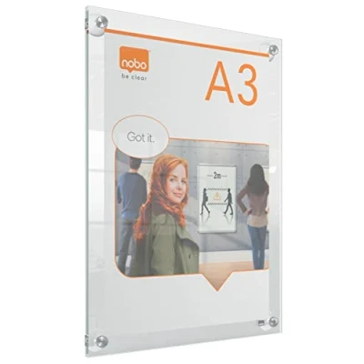 Image of Nobo A3 Acrylic Wall Mounted Repositionable Poster Frame, Frameless, Portrait/Landscape, Suction Cup Pad Mounting, Premium Plus, Clear, 1915599