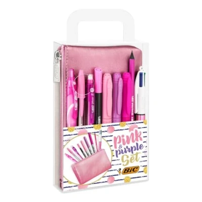 Image of BIC Pink &amp; Purple Set 1 Pencil Case, 2 Ball Pens/1 Erasable Gel Pen/1 Graphite with Eraser/1 Writing Felt Pen/3 Permanent Markers/1 Mechanical
