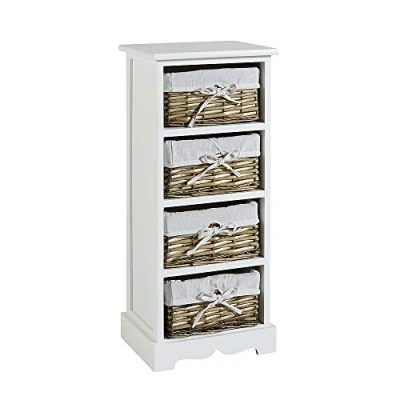 Image of Home Source Bedroom Wooden Storage Unit, Woven Willow Wicker Baskets, 4 Drawer Cabinet Chest, White