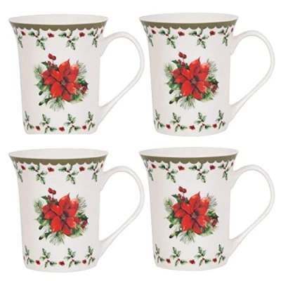 Image of Harvey &amp; Mason Set Of 4 Mugs Holly Range Porcelain Festive Christmas Dinner Tea Coffee Cups