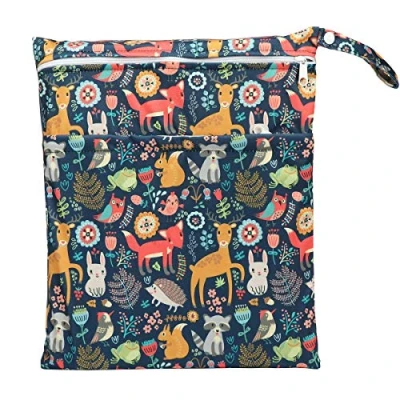 Image of Wet Bag Baby Cloth Diaper Nappy Insert Reusable Washable with Two Zipper Pockets (Forest Animal Fox Owl)