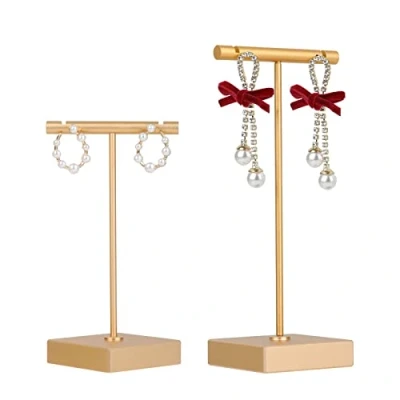 Image of GemeShou 2pcs metal earring holder, Gold T bar display stand, mini hangers for earrings Jewelry Photography, storage organizer【Gold Square Base 2pcs】