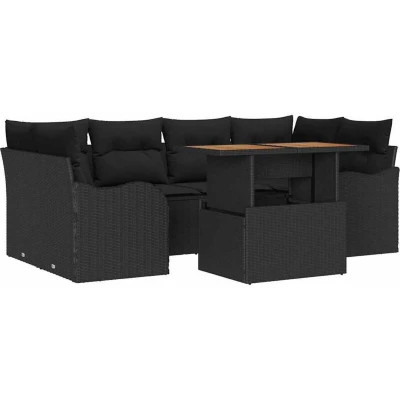 Image of vidaXL 7 Piece Garden Sofa Set with Cushions Black Poly Rattan Acacia