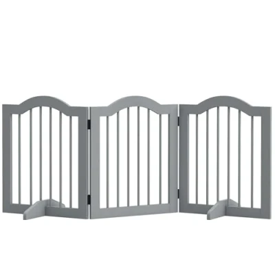 Image of PawHut Freestanding Pet Gate Wooden Dog with Support Feet Foldable Fence Safety Barrier for the House Doorway Stairs Light Grey