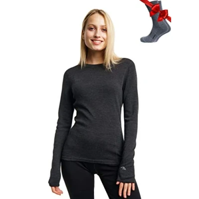 Image of Merino.tech Merino Wool Base Layer Women 100% Midweight Long Sleeve Thermal Shirts + Socks (XX Large, Charcoal Grey 250)