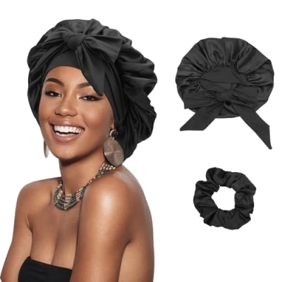 Image of DRESHOW Satin Braid Bonnet for Women Silk Sleeping Sleep Cap with Elastic Tie Band Night Long Curly Hair Locs
