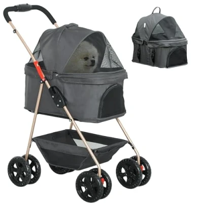 Image of PawHut Pet Stroller, 3 in 1 Dog Pram 4 Wheels with Detachable Carrier, Folding Stroller Storage Basket, Cupholder, Safety Leashes, for Mini Dogs and Cats, Grey