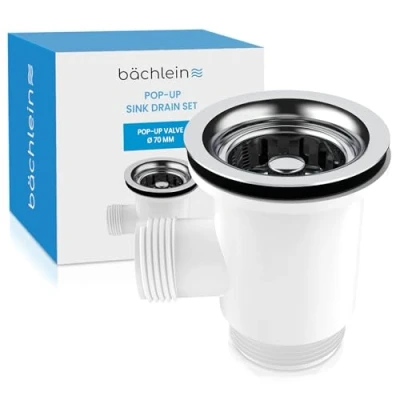 Image of Bächlein Pop Up Drain Fitting with Overflow for the Sink [Diameter 70 mm], now also Kitchen Sink, Polished Stainless Steel Drain, Fitting, Valve, Plug