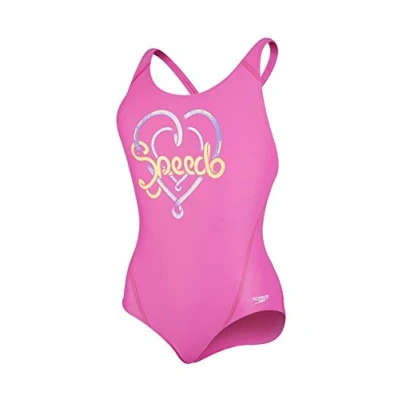 Image of Speedo Girls&#039; Logo Placement Splashback Swimsuit Ecstatic/Papaya Punch/African Violet, 34&quot;