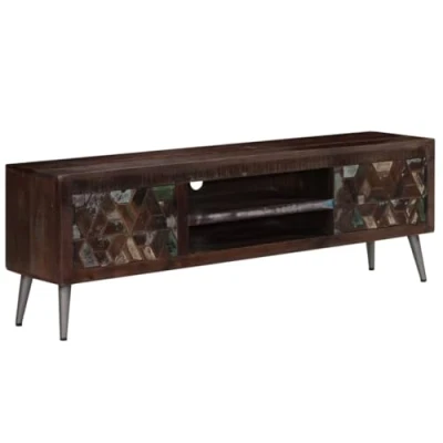 Image of vidaXL Solid Reclaimed Wood TV Cabinet Industrial Style, Steel Legs, Spacious Storage with Cabinets &amp; Shelf, Aged and Weathered